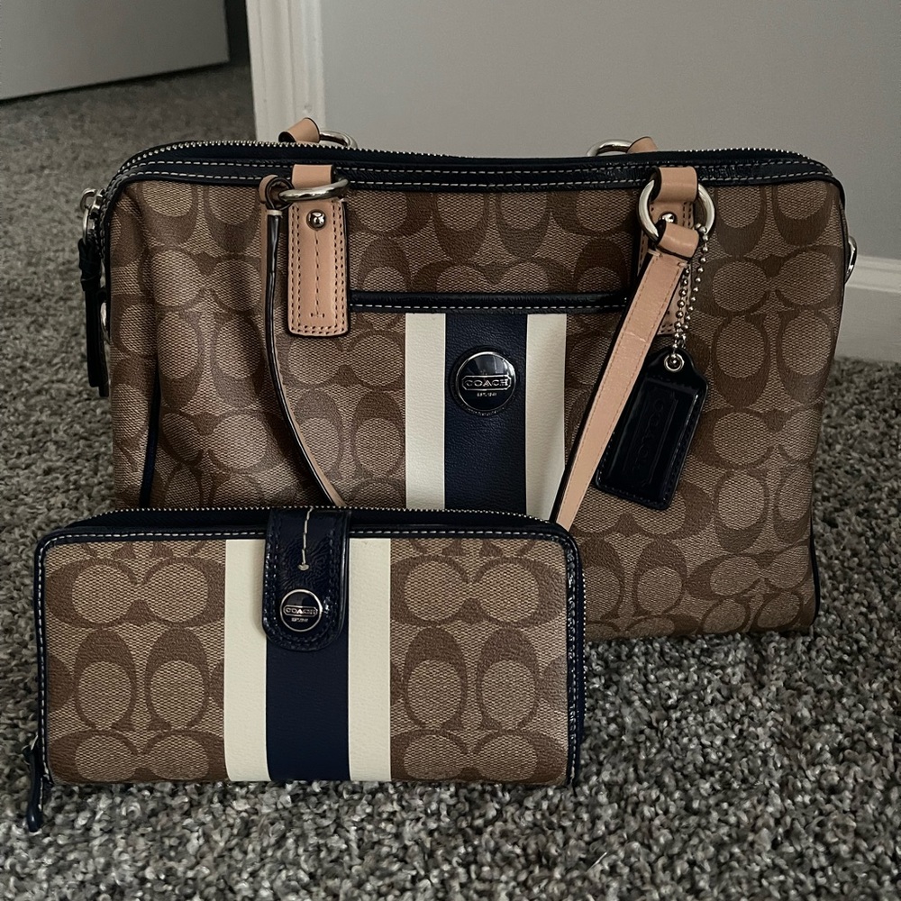 Coach Signature Stripe Satchel with Navy Stripe and Lining & Matching Wallet